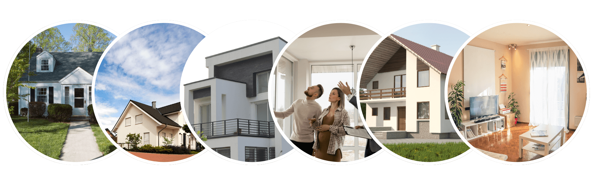 Auf der Startseite zeigt eine Collage verschiedene Haustypen sowie ein Paar, das gemeinsam eine moderne Wohnungsinneneinrichtung betrachtet